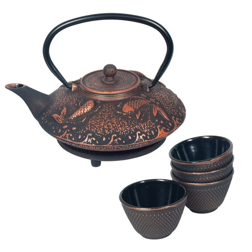 Cocina Set tetera 0,8l negra-cobre Medidas: 7,5 cm x 18 cm x 21,5 cm  Material: Hierro Colado Peso neto: 2.985 grs.