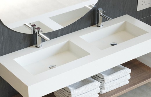 Solid countertop with Inca double basin centered, skirt and supports