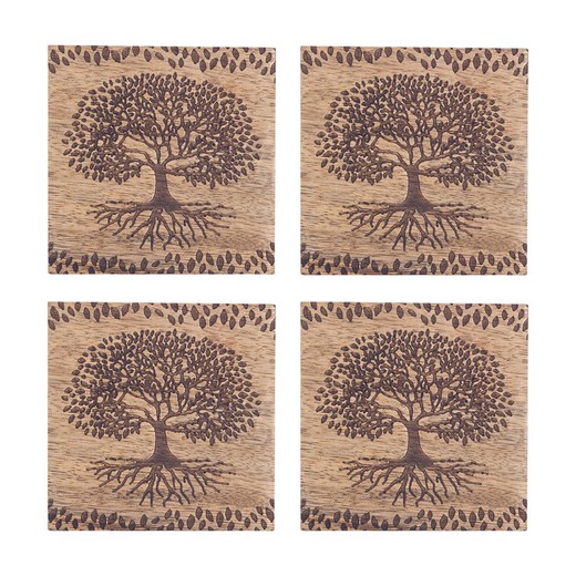 Set van 4 onderzetters met levensboom Afmetingen: 0,5 cm x 10 cm x 10 cm Materiaal: hout Nettogewicht: 160 gr.