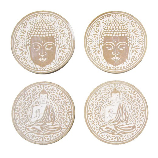 Lot de 4 sous-verres Bouddha Dimensions : 0,5 cm x 10 cm x 10 cm Matériau : MDF Poids net : 140 grs.