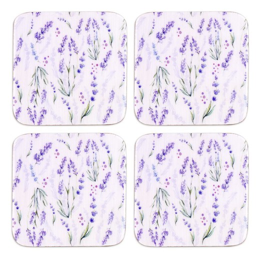 Set of 4 lavender square coasters Measurements: 0.7 cm x 10 cm x 10 cm Material: Wood Net weight: 180 grs.