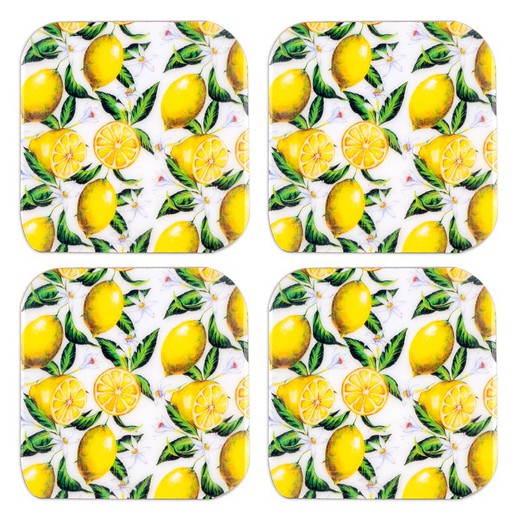 Set 4 posavasos cuadrados limones Medidas: 0,7 cm x 10 cm x 10 cm  Material: Madera Peso neto: 180 grs.