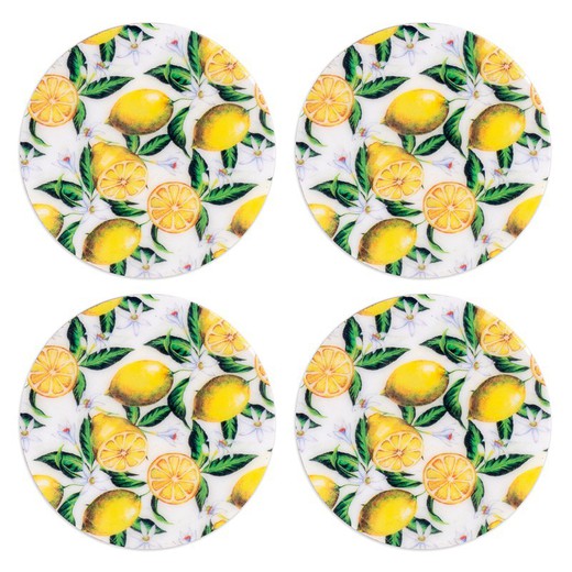Conjunto de 4 bases para copos redondas de limão Medidas: 0,7 cm x 10 cm x 10 cm Material: Madeira Peso líquido: 150 grs.