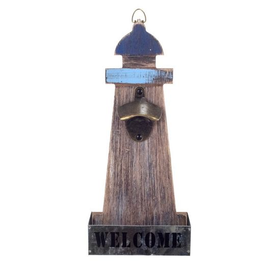 Kuchnia PROMOCJA otwieracz do piwa w latarni morskiej Wymiary: 32 cm x 6 cm x 14,5 cm Materiał: drewno Waga netto: 305 grs.