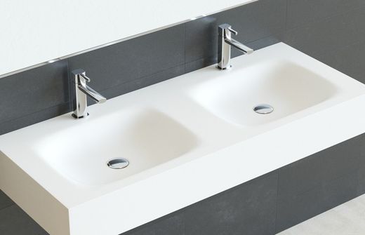 Plan de travail solide avec double vasque Asthon centrée, jupe et supports