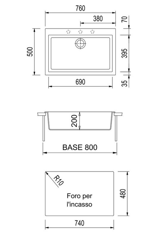 Évier de cuisine One Bianco Opale 760x500 mm Plados