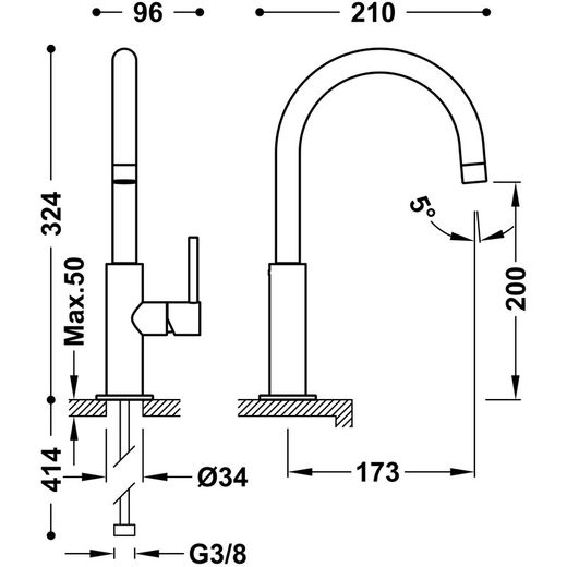 Ψηλή βρύση μίξερ ενός μοχλού με πλαϊνή λαβή για νιπτήρα TRES
