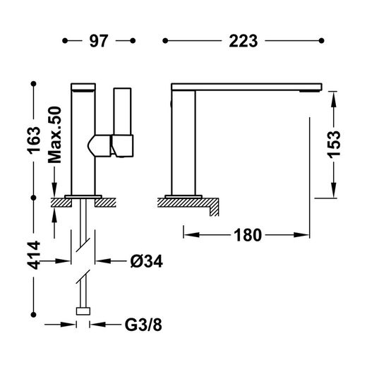 Rubinetto monocomando con maniglia laterale per lavabo Project TRES