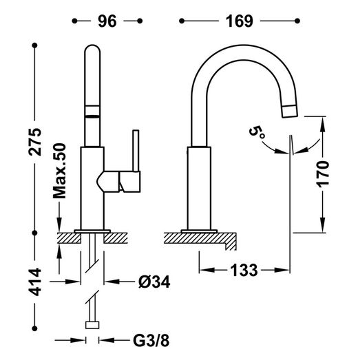 Aixeta monocomandament amb maneta lateral per a lavabo Study exclusive TRES