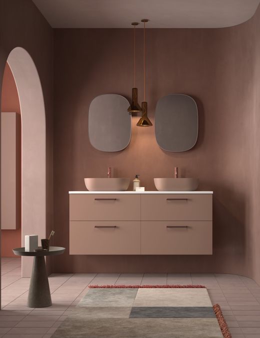 Mueble Carmen 2 cajones color 251 con lavabo sobre encimera ovalado bicolor tirador Rigato Rojo Avilados
