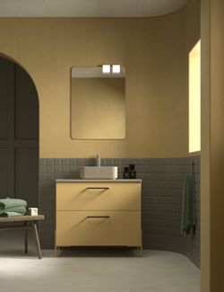Mueble Carmen 2 cajones color 253 con lavabo sobre encimera cuadrado cafe con patas tirador Rigato Marrón Avila dos