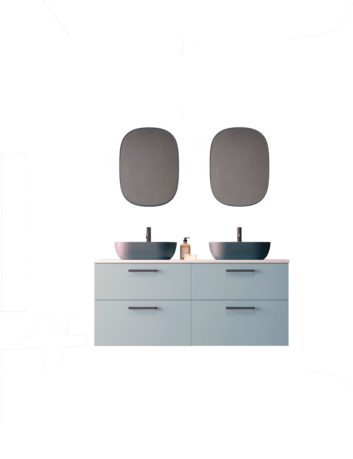 Mueble Carmen 2 cajones color 53 con lavabo sobre encimera ovalado K-Azul tirador Rigato Azul Avilados 100 cm 2 cajones