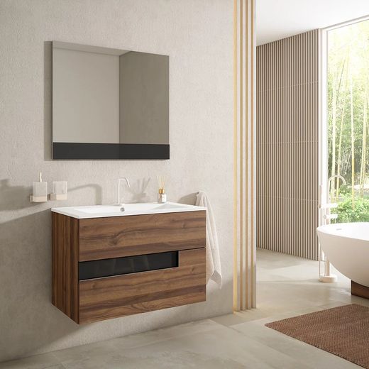 Meuble vasque en verre noir Vision Valenti avec 2 tiroirs, suspendu Visobath