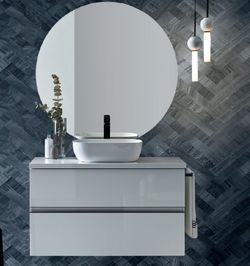 Mueble, encimera lacada y lavabo Hana Blanco sobre encimera suspendido Sanchis