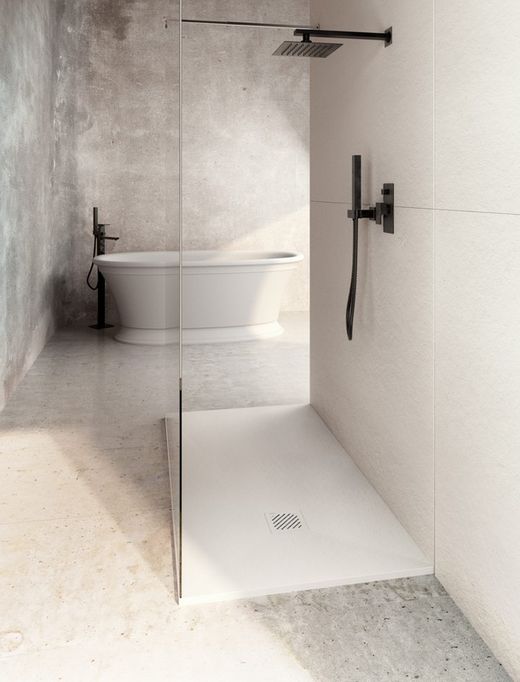 Plato ducha de resina Slate blanco + válvula vertical atornillada Acero Inox