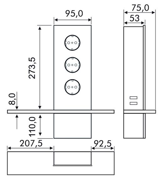 Power glass mains socket + usb + shelf