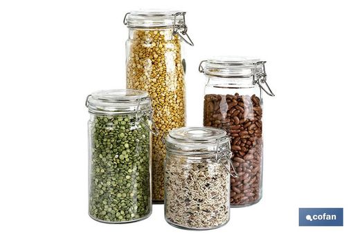 Set 4 bocaux en verre + clip en acier 2100Ml, 1500Ml, 1150Ml, 750Ml