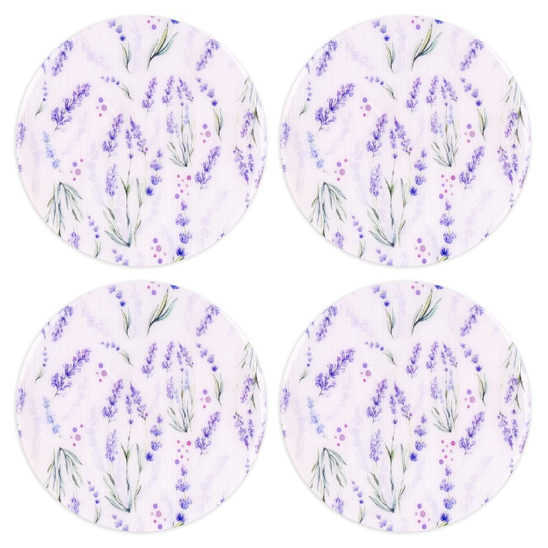 Set di 4 sottobicchieri rotondi color lavanda Misure: 0,7 cm x 10 cm x 10  cm Materiale: legno Peso netto: 150 gr. — Azulejossola