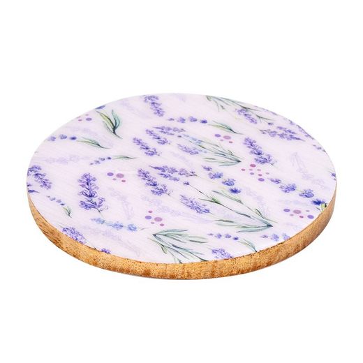 Set of 4 lavender round coasters Measurements: 0.7 cm x 10 cm x 10 cm Material: Wood Net weight: 150 grs.